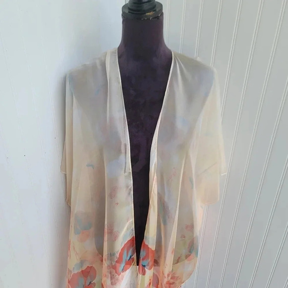 Vintage Lighweight Sheer Kimono Cardigan Poppy Floral Black Small Sheer Peach - Picture 9 of 11